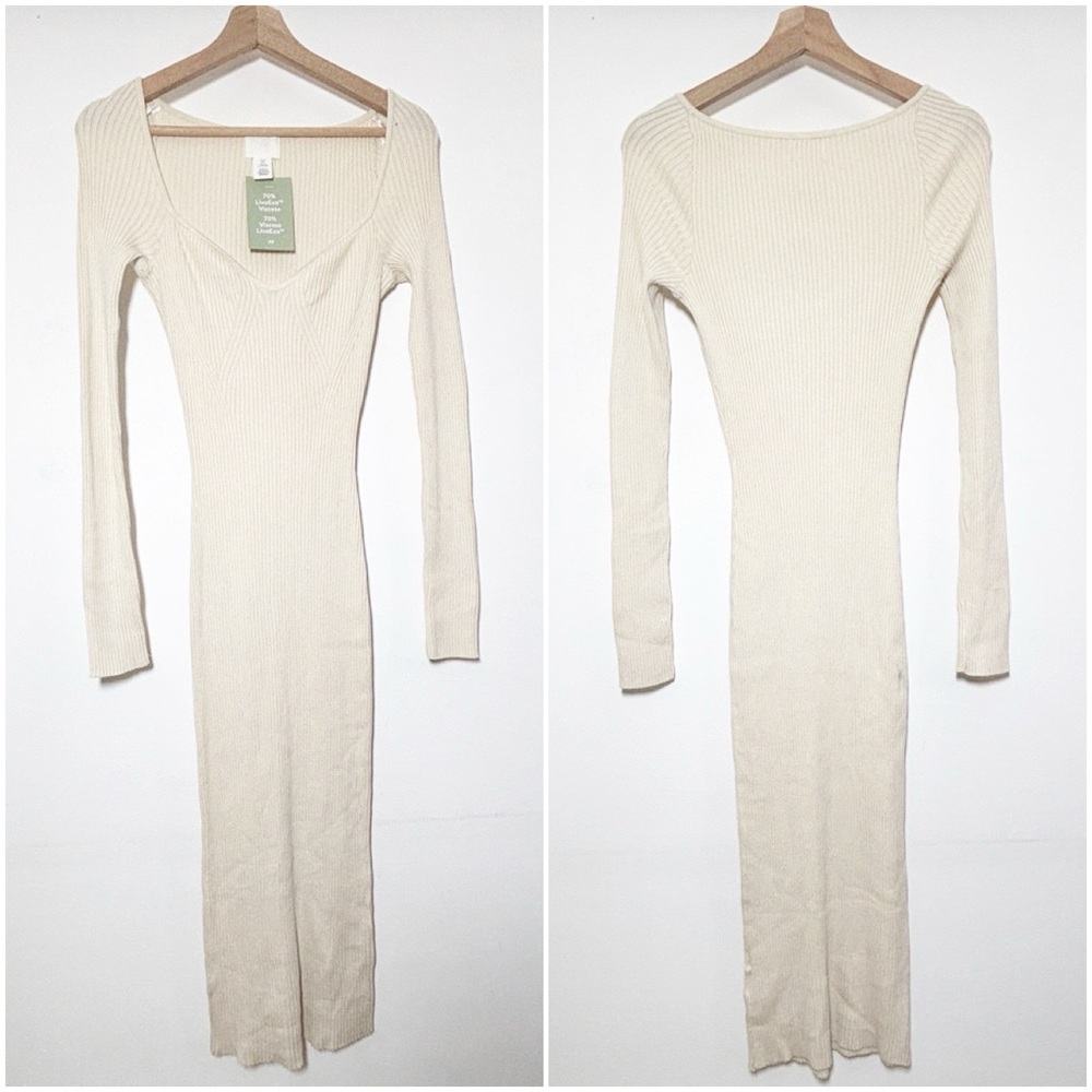 NWT H&M Ribbed Knit Bodycon Dress Long Sleeves Beige Sz S - Picture 2 of 14